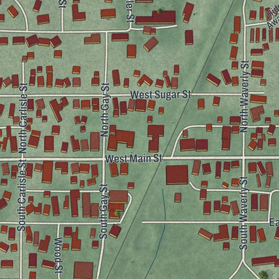Close-up of the map of Cridersville, Ohio print showing street and building detail