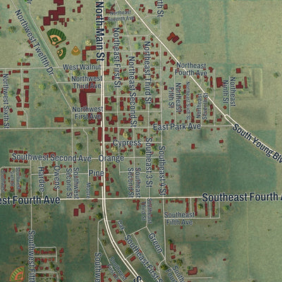Close-up of the map of Chiefland, Florida print showing street and building detail