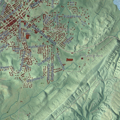 Close-up of the map of Oneonta, Alabama print showing street and building detail