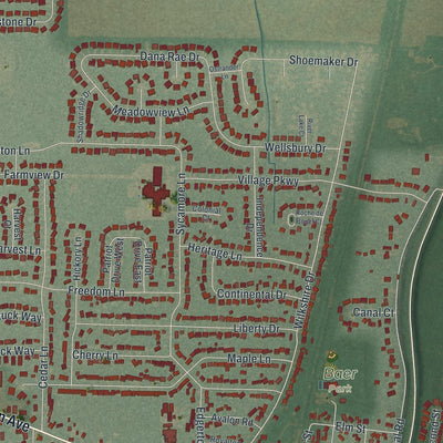 Close-up of the map of Waterville, Ohio print showing street and building detail