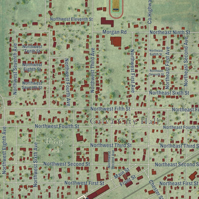 Close-up of the map of Galva, Illinois print showing street and building detail