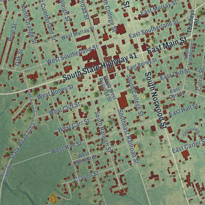 Close-up of the map of Wallace, North Carolina print showing street and building detail