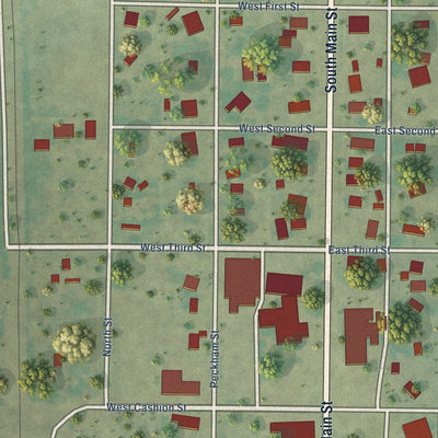 Close-up of the map of Roosevelt, Oklahoma print showing street and building detail