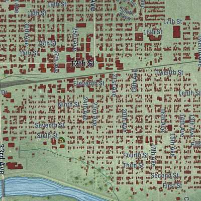 Close-up of the map of Columbus, Nebraska print showing street and building detail