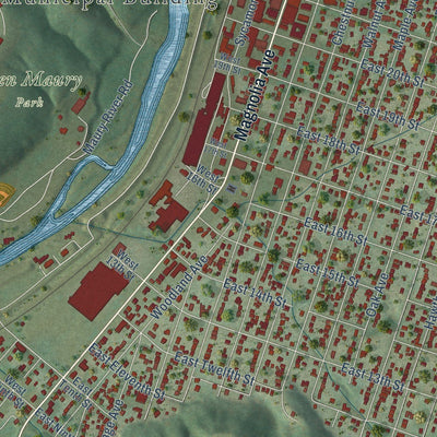Close-up of the map of Buena Vista, Virginia print showing street and building detail