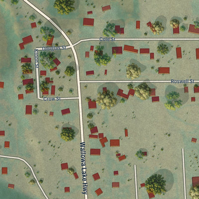 Close-up of the map of Lostine, Oregon print showing street and building detail