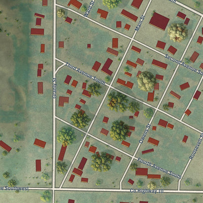 Close-up of the map of Des Lacs, North Dakota print showing street and building detail