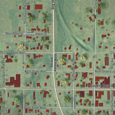 Close-up of the map of Eagle Bend, Minnesota print showing street and building detail