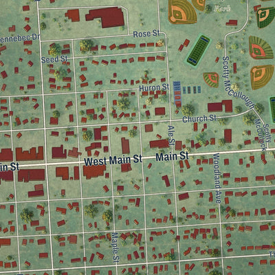 Close-up of the map of Cass City, Michigan print showing street and building detail