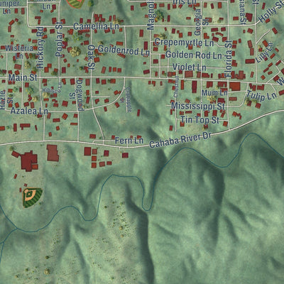 Close-up of the map of West Blocton, Alabama print showing street and building detail