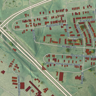 Close-up of the map of Africatown, Alabama print showing street and building detail