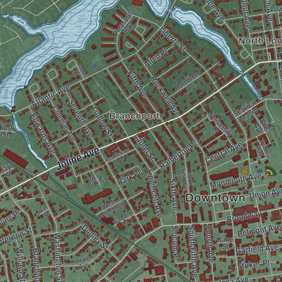Close-up of the map of Long Branch, New Jersey print showing street and building detail