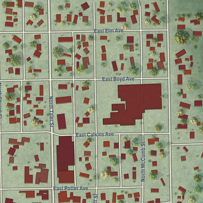 Close-up of the map of Elm Creek, Nebraska print showing street and building detail