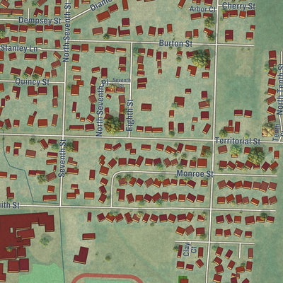 Close-up of the map of Harrisburg, Oregon print showing street and building detail