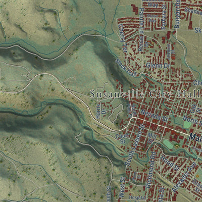 Close-up of the map of Susanville, California print showing street and building detail