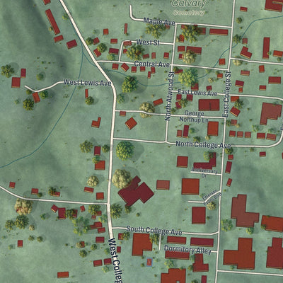 Close-up of the map of Rio Grande, Ohio print showing street and building detail