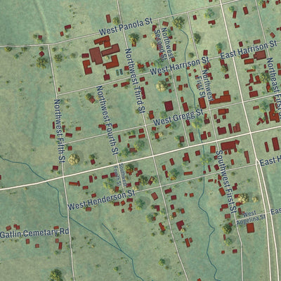 Close-up of the map of Mount Enterprise, Texas print showing street and building detail