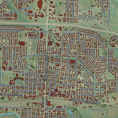 Close-up of the map of Dickinson, North Dakota print showing street and building detail