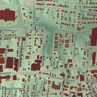 Close-up of the map of Long View, North Carolina print showing street and building detail