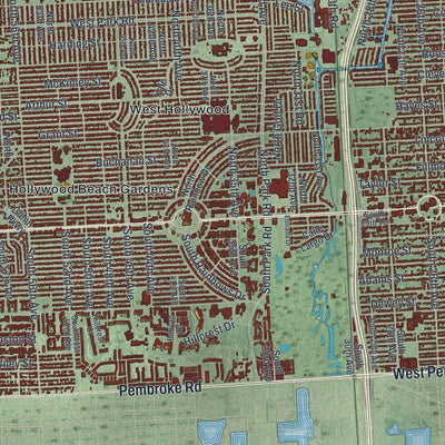 Close-up of the map of Hollywood, Florida print showing street and building detail