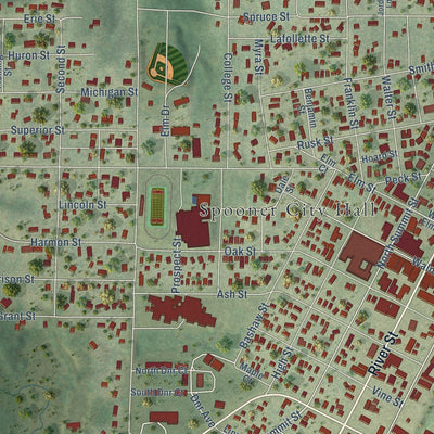 Close-up of the map of Spooner, Wisconsin print showing street and building detail