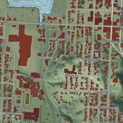 Close-up of the map of North Bend, Oregon print showing street and building detail