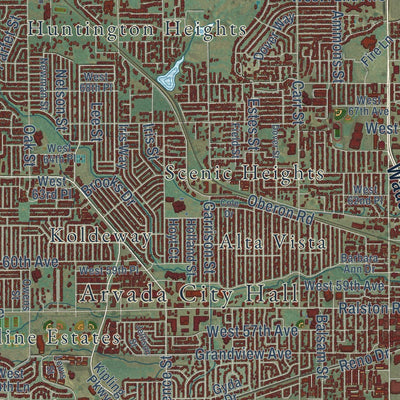 Close-up of the map of Arvada, Colorado print showing street and building detail
