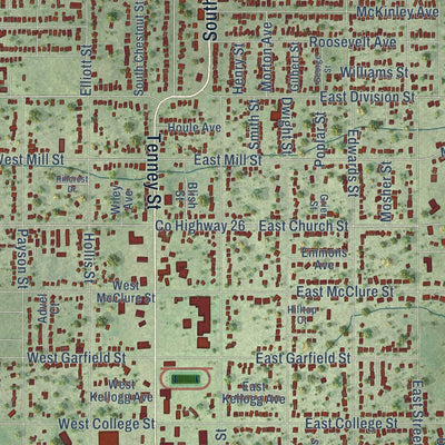 Close-up of the map of Kewanee, Illinois print showing street and building detail