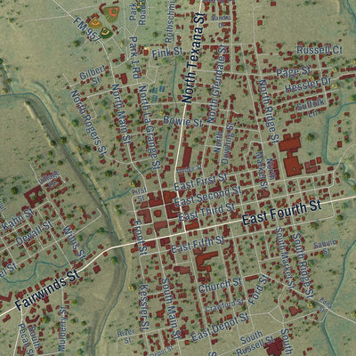 Close-up of the map of Hallettsville, Texas print showing street and building detail