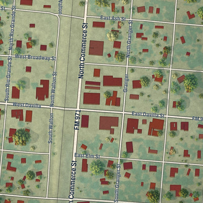 Close-up of the map of Granger, Texas print showing street and building detail
