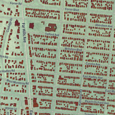 Close-up of the map of Oakwood, Montgomery County, Ohio print showing street and building detail