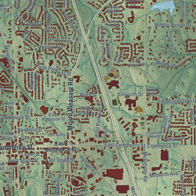 Close-up of the map of Hernando, Mississippi print showing street and building detail
