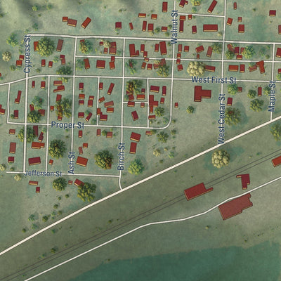 Close-up of the map of Big Springs, Nebraska print showing street and building detail