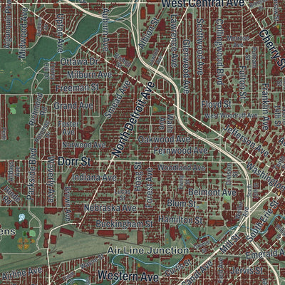 Close-up of the map of Toledo, Ohio print showing street and building detail