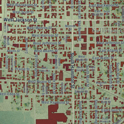 Close-up of the map of Sullivan, Illinois print showing street and building detail