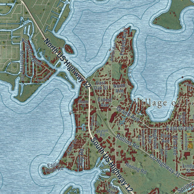 Close-up of the map of Fox Lake, Illinois print showing street and building detail