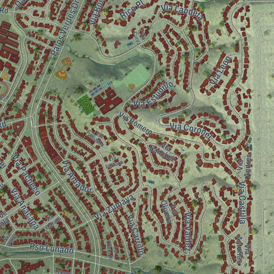 Close-up of the map of Palos Verdes Estates, California print showing street and building detail