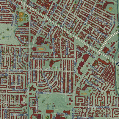 Close-up of the map of Mountain View, California print showing street and building detail