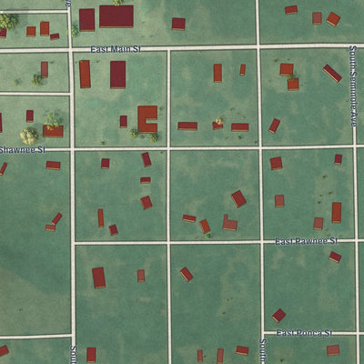 Close-up of the map of Mill Creek, Oklahoma print showing street and building detail