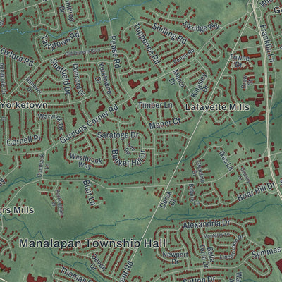 Close-up of the map of Manalapan, New Jersey print showing street and building detail