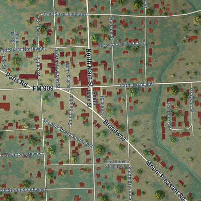 Close-up of the map of Bogata, Texas print showing street and building detail