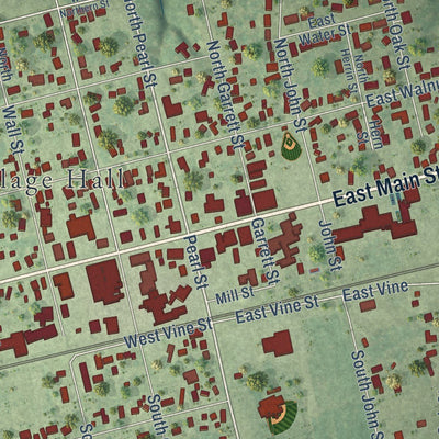 Close-up of the map of Teutopolis, Illinois print showing street and building detail