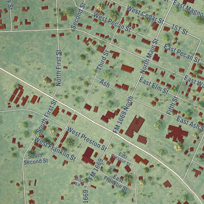Close-up of the map of Huntington, Texas print showing street and building detail