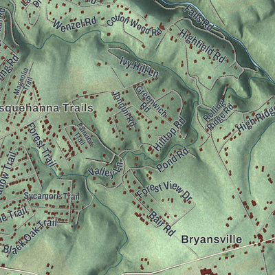 Close-up of the map of Peach Bottom, Pennsylvania print showing street and building detail