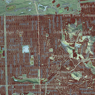 Close-up of the map of San Francisco, California print showing street and building detail