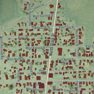 Close-up of the map of Ridge Farm, Illinois print showing street and building detail
