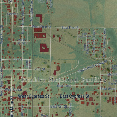 Close-up of the map of Brinkley, Arkansas print showing street and building detail