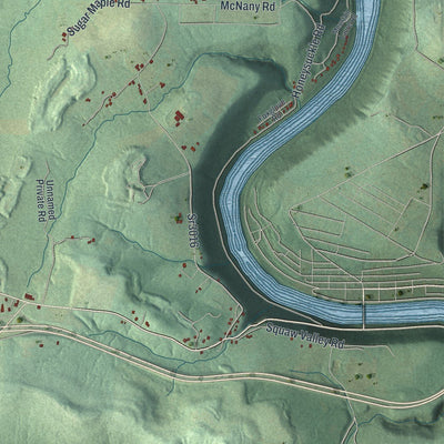 Close-up of the map of Scrubgrass, Pennsylvania print showing street and building detail