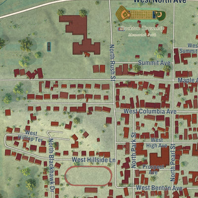 Close-up of the map of Stockton, Illinois print showing street and building detail