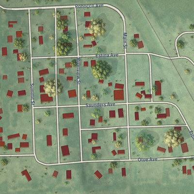 Close-up of the map of Leshara, Nebraska print showing street and building detail